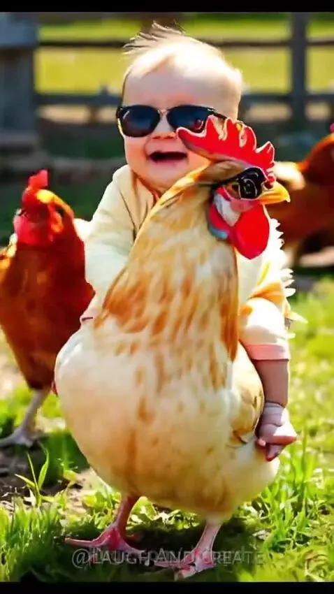 Baby wearing sunglasses laughs joyfully while sitting on a chicken also wearing sunglasses, outdoors on a farm.