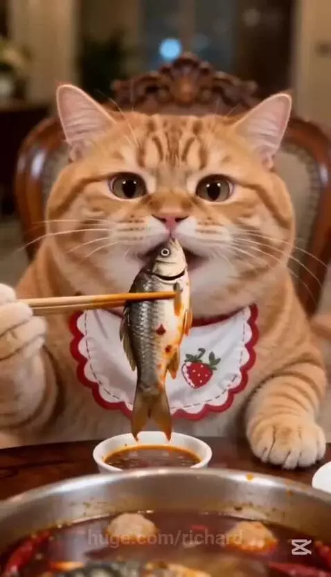 Orange tabby cat wearing a strawberry bib, using chopsticks to eat from a hot pot.