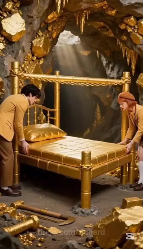 Couple living in a cave filled with gold, mining gold, and cooking a golden turtle.