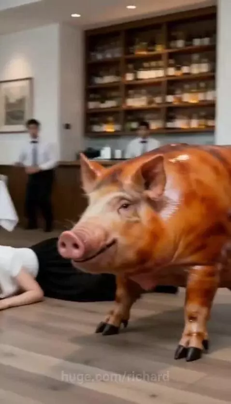 Woman with blue hair falling back in fear as a realistic pig cake appears to move towards her.