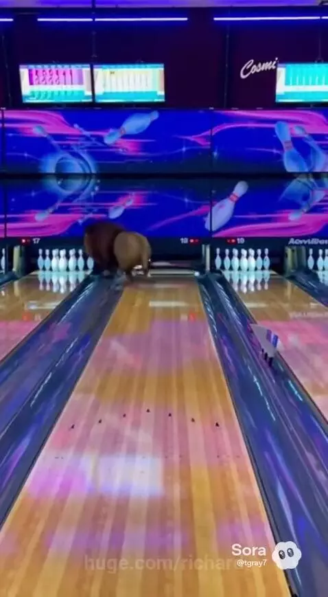 CGI lion bowling a strike in a bowling alley, knocking down pins.