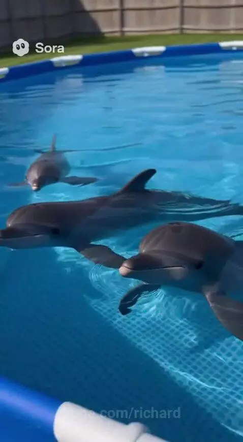Bald man with beard watches three dolphins swim and play with a ball in a sunny backyard above-ground pool.