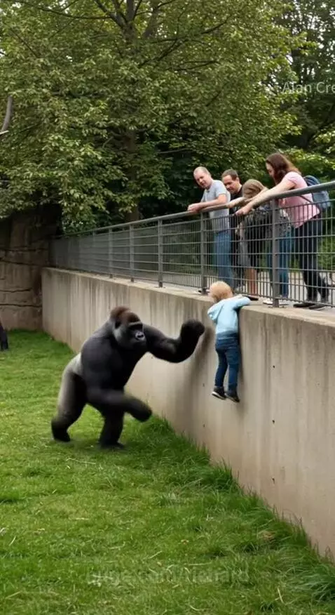 A gorilla looking at a child near a zoo enclosure barrier, appearing to assist.
