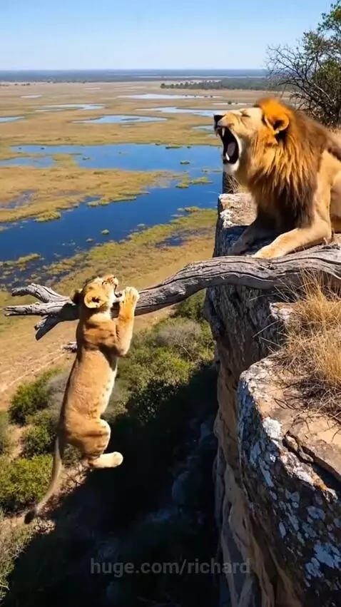 Woman pulling a lion cub up from a tree branch near a cliff, with a male lion nearby.