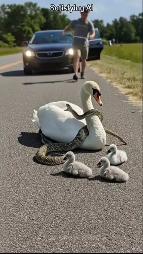Man gently removing a snake from a swan on a road, with three cygnets nearby.