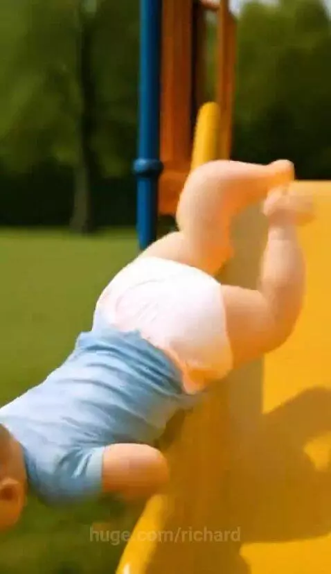 A small yellow chick bandaging a baby's arm after a playground slide accident.
