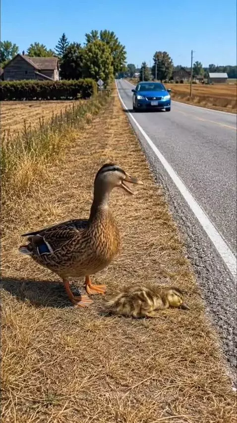 Mother duck and rescued duckling eating together in a backyard after being treated by a vet.