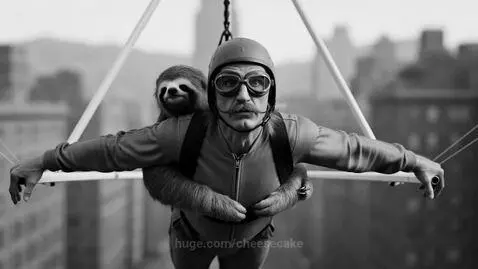 Black and white montage of surreal scenes: flying man with sloth, alien, boxing kangaroo, and more.