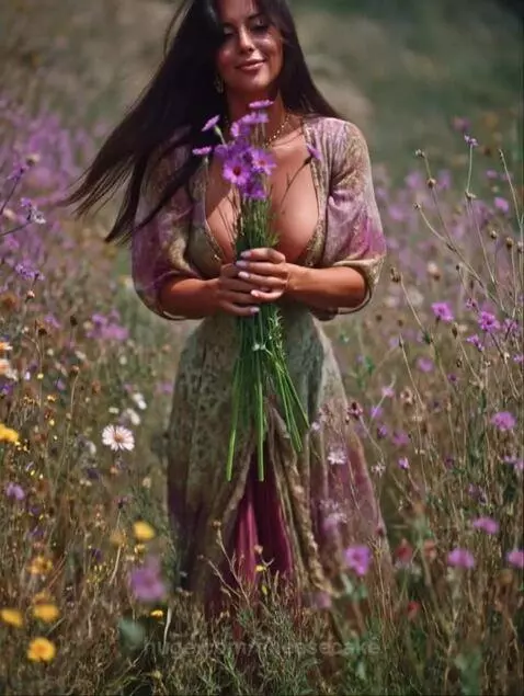 Woman with dark hair in a flowing dress gathers purple wildflowers in a sunny field.