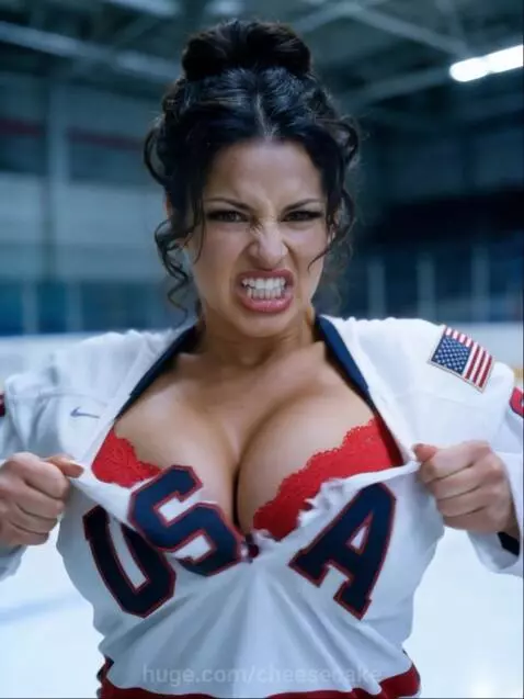 Woman in USA hockey jersey revealing red lace bra and panties with a spirited expression.