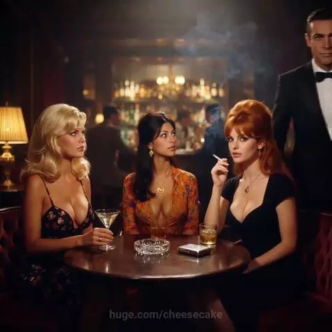 Three women seated at a table in a dimly lit bar, holding drinks and a cigarette, with a jazz ambiance.