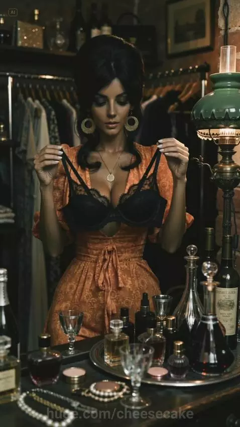 Woman in an orange patterned dress and later black lace lingerie, posing by a mirror and in various city locations.