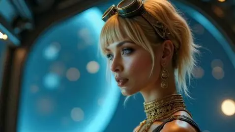 Woman in steampunk-inspired outfit with goggles and brass accessories in a futuristic spaceship cockpit, looking at screens.