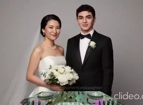 Wedding couple in formal attire interacting with a DJ mixer, with colorful lights and animations.