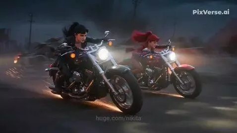 Two women with determined expressions racing Harley-Davidson motorcycles, one with dark hair, the other with red hair.