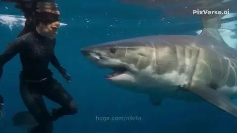 Lara Croft in a black wetsuit swimming underwater and pushing away a great white shark.