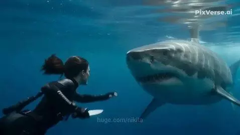 Woman in wetsuit underwater holding knife, confronting a shark with open mouth.