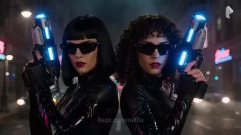 Two women in black suits firing glowing blasters at an alien creature during an explosion.