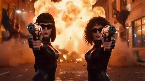 Two women in black suits firing glowing blasters at an alien creature during an explosion.