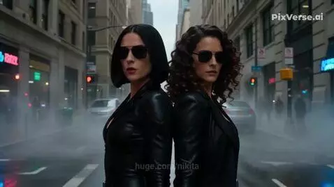 Two women in black suits and sunglasses firing energy weapons at a large insect-like alien creature, which explodes.
