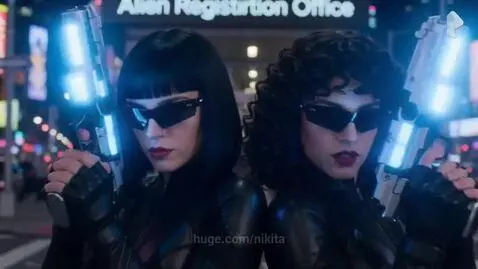Two women in black suits and sunglasses stand back-to-back, drawing glowing pistols in a neon-lit city street at night, facing an alien.