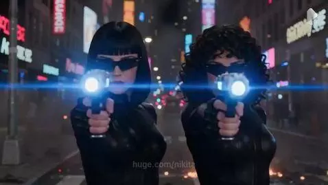 Two women in black suits and sunglasses stand back-to-back, drawing glowing pistols in a neon-lit city street at night, facing an alien.