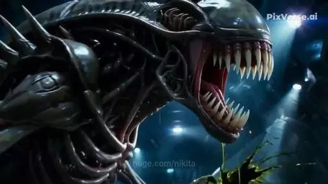 Close-up of a monstrous alien creature with sharp claws and teeth attacking a dark mechanical structure, with sparks and fluid flying.