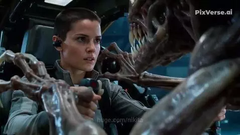 Ellen Ripley in a mech suit fighting a Xenomorph alien, spitting green acid.