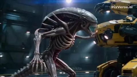 Ellen Ripley in a mech suit fighting a Xenomorph alien, spitting green acid.