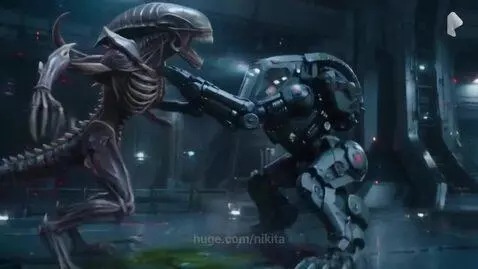 Pilot in a robotic suit fighting a menacing alien creature with green blood splattering.