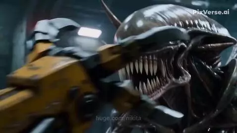 Ellen Ripley in a mech suit fighting a menacing alien creature with sharp teeth and skeletal features.