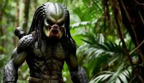 Young girl in tactical gear standing over a defeated alien Predator in a dense jungle.