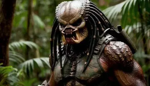 Young girl in tactical gear smiling triumphantly on a defeated Predator in a jungle setting.