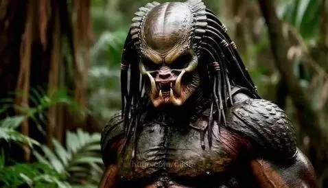 Woman in tactical gear stabbing a large, armored creature resembling a Predator in a jungle.
