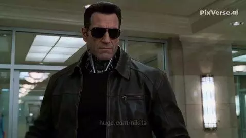T-850 in leather jacket and sunglasses punches T-X, sending her through a glass door.