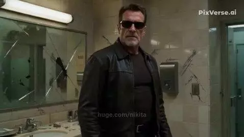 Man resembling Terminator in a leather jacket fighting a woman in a black suit in a damaged restroom.