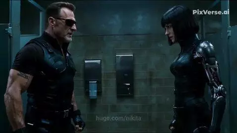 T-850 and T-X engaged in a violent fight in a restroom, with a robotic arm visible and glass shattering.