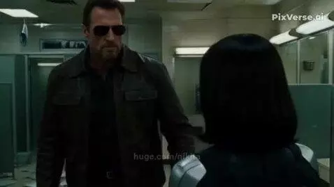 Man in leather jacket fighting a woman in a suit, shattering mirrors in a restroom.