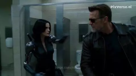 Cybernetic woman with blade attacks man after punching him through a metal toilet stall door.