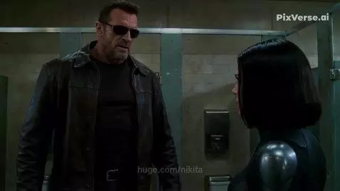 Man in leather jacket fighting woman in black suit, glass partition shatters.