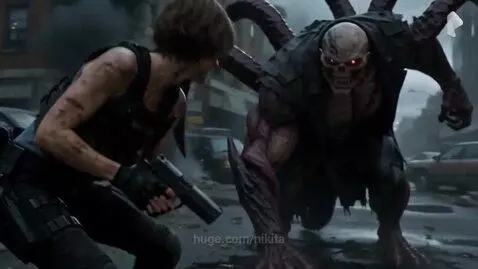 Jill Valentine in combat gear fighting a large, tentacled monster with glowing red eyes on a damaged city street.