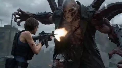 Jill Valentine firing an assault rifle at a large, multi-tentacled monster in a destroyed city.