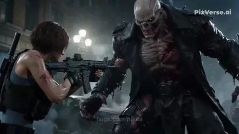 Jill Valentine firing an assault rifle at the skeletal-faced creature Nemesis in a city street battle.