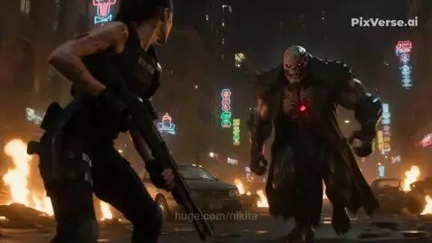 Jill Valentine in tactical gear fighting a monstrous creature with glowing red eyes and a visible red core in a dark, destroyed city.
