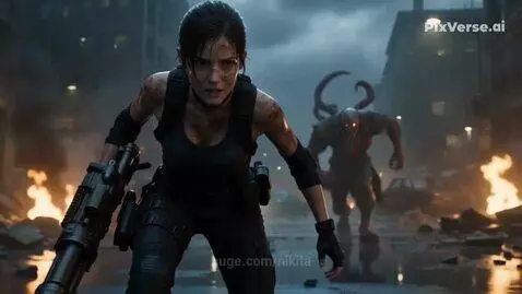 Woman resembling Jill Valentine firing a machine gun at a large, injured monster with glowing red eyes in a ruined city.
