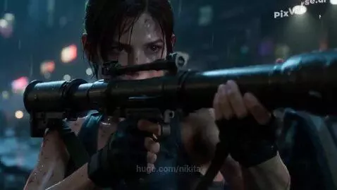 Jill Valentine bruised and bloody fires a rocket launcher at a multi-limbed monster in a dark, neon-lit city street.