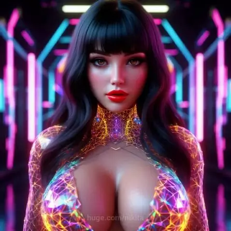 Animated woman with dark hair and bangs, wearing a glowing translucent outfit with gold, pink, and blue cracked patterns, posing in a neon-lit corridor.