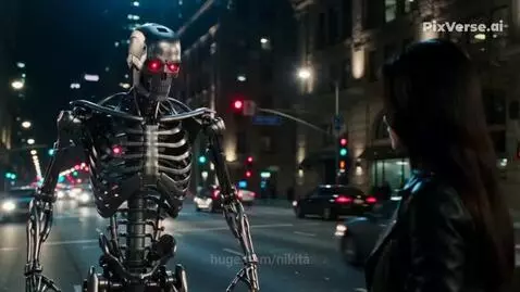 Terminator T-800 robot with red eyes faces a woman with a metallic blade arm in a city street at night.