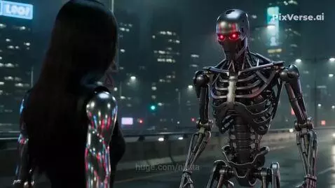 Female humanoid robot with metallic skin fights a skeletal robot with red eyes on a rainy city street at night.
