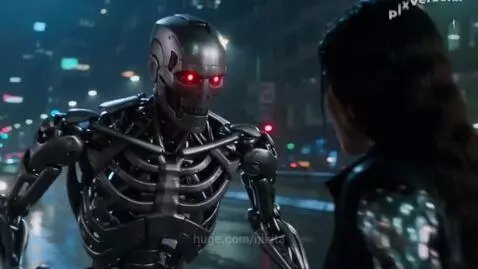Metallic robot with glowing red eyes fights a woman with metallic-enhanced fists, sparks fly in a rainy city at night.